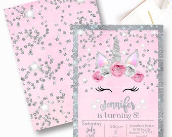 Unicorn Birthday Invitation, Unicorn Floral Birthday Invitation, Unicorn Glitter Silver and Pink Unicorn Invite