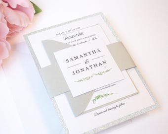 SALE Elegant Silver Glitter And Greenery Wedding Invitation Romantic Calligraphy Simple SALE Elegant Silver Glitter And Greenery Wedding Invitation Romantic Calligraphy Simple