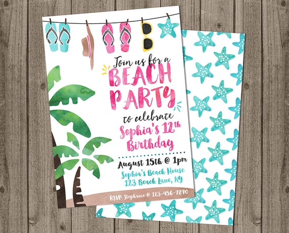 Watercolor Tween Beach Party Invite Beach Birthday Invite