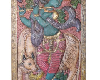 Krisna Handcarved  Vintage Fluting Krishna with his cow Panel Door Sculpture , ECLECTIC DESIGN