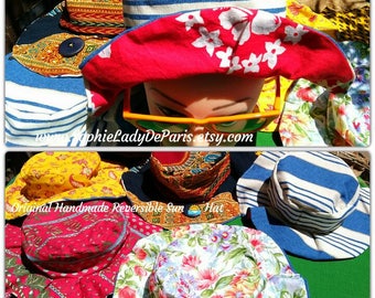 Reversible Sun Hat Red Tahiti Floral Cotton Fabric Handmade Striped Blue White Canvas Lined #sophieladydeparis