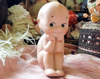 Vintage Rose Oneill thinker Kewpie antique porcelain thinking baby doll bisque blue wing dreamer sitting kewpie