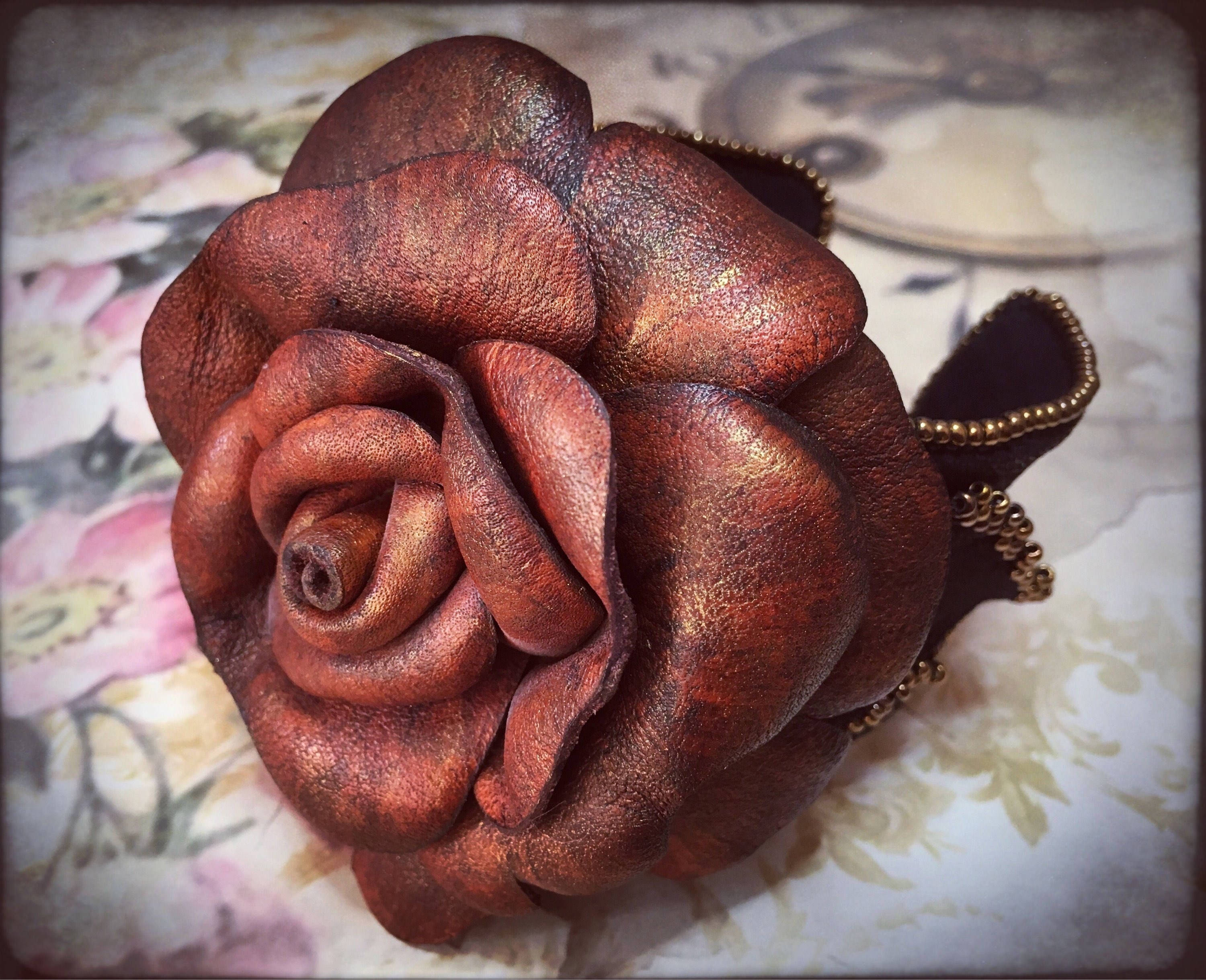 SALE Leather rose cuff bracelet Black leather cuff