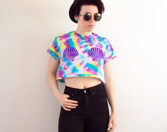 Tie Dye Mermaid Crop Top Seashells T-shirt Summer Festival Hipster 90s Grunge S/M/L/XL