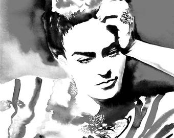 Frida Kahlo Black and White Art Print of Original Watercolor Portrait Painting Salon Decor Flowers, Hair Salon Art