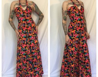 FLASH SALE Vintage 1960's/ 1970's Neon Floral Halter Dress