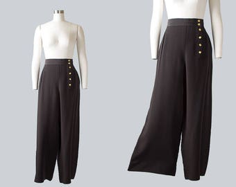 Vintage 1940s Style CHANEL Black Wide Leg Pants | 80s 1980s Designer Palazzo Pants Black Slacks (medium)