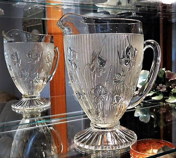 Iris and Herringbone Depression Glass Pitcher 1930s Art Deco Vintage Kitchen Country Farm Farmhouse Cottage Home Decor Wedding Table Glass