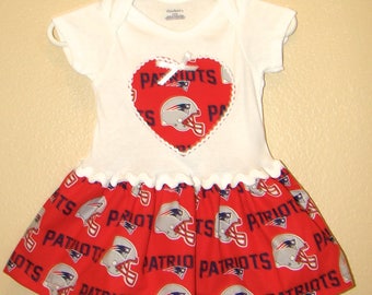 DISCONTINUING ITEM, Football Appliqued One piece Romper, Made from New England Patriots Fabrics, Sports Onesie, Rompers with skirt.