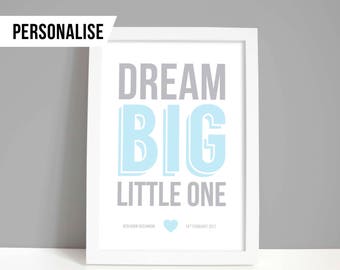 New baby gift, Personalised nursery decor, baby boy or girl decor, Christening gift, Dream big little one print