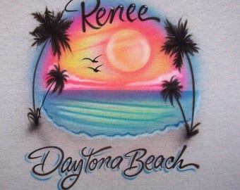 Airbrush Beach Scene Airbrushed t shirt Personalized With any wording.