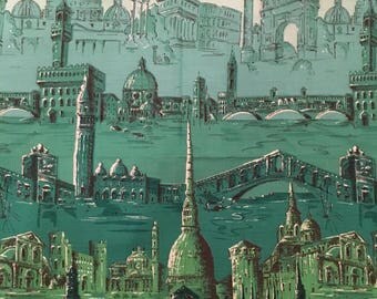 1950s Novelty Italy Border Print Fabric Blue