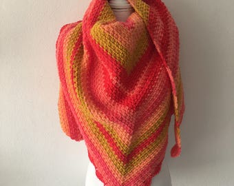 Crochet shawl ombre, red, orange and yellow