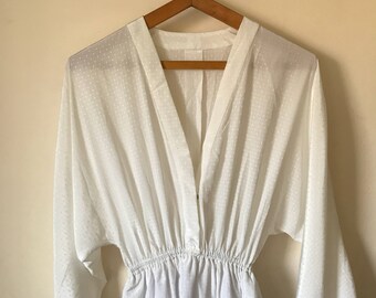 Vintage 1970s White Dotted Silk Dress / Casual Wedding Dress