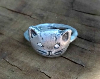 Diamond Cat ring, Rustic Silver and diamond Kitty Ring , engagement ring, diamond statement ring,Diamond stackable ring, birthstone ring