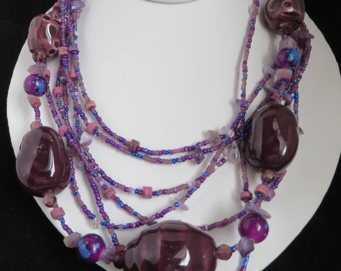 Vintage Purple Multi-strand Necklace | Barrel, Seed Bead Necklace | Boho Jewelry