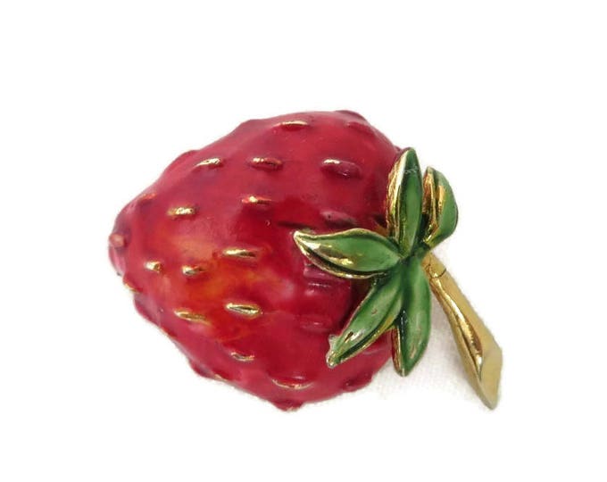 Vintage Pin - Hattie Carnegie Brooch, Strawberry Pin, Goldtone Enamel Brooch, Signed Carnegie Jewelry