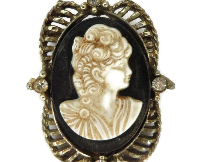 Vintage Cameo Brooch, Black & Cream Cameo, Rhinestone Studded Gold Tone Pin, Antique Style Pin