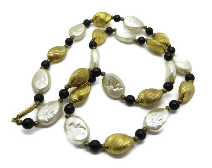 Vintage Glass Necklace, Tricolor, Black White Gold, 29 Inch Length Grooved Dimpled Bead Necklace
