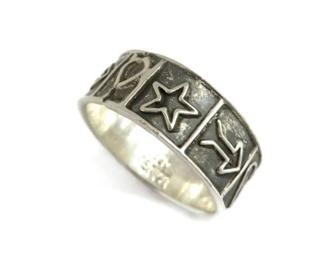 Vintage Mexican Silver Wide Band Ring, 925 Sterling Silver Love Heart Ring, Unisex Ring, Size 10