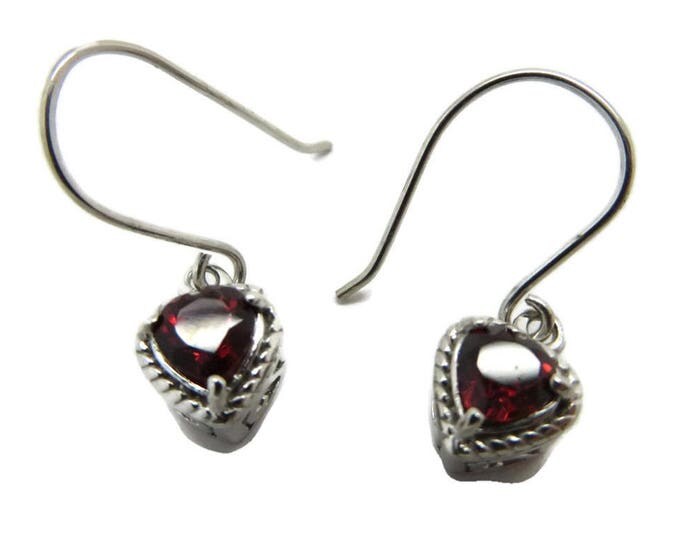 Vintage Garnet Heart Earrings, Sterling Silver Dangling Pierced Earrings, Bridal Jewelry, Valentine's Day Gift