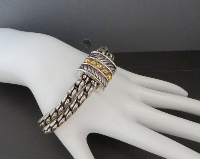 Two Tone Braided Bracelet, Vintage Signed SP Double Strand Bracelet, Gift for Her