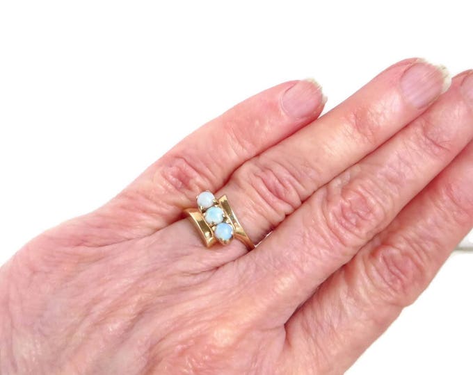 Genuine Opals Ring, 10K Gold Ring, Three Stone Natural Opal Ring, Birthday Gift for Her, Size 6