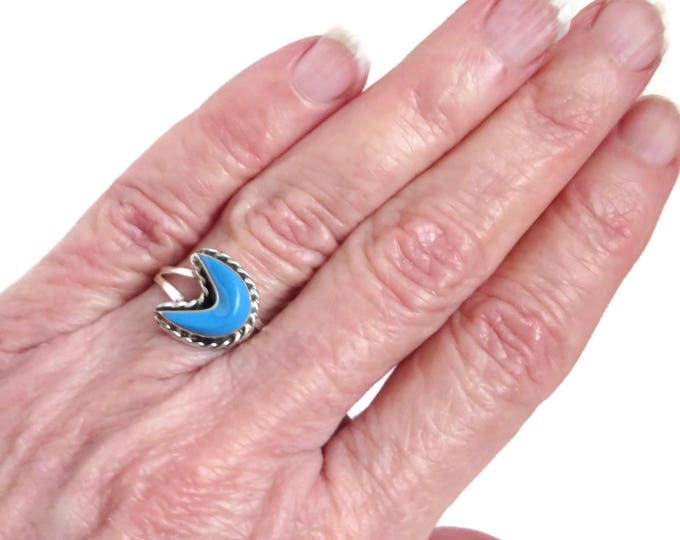 Vintage Turquoise Crescent Ring, Mexico Sterling Silver Braided Ring, Size 7