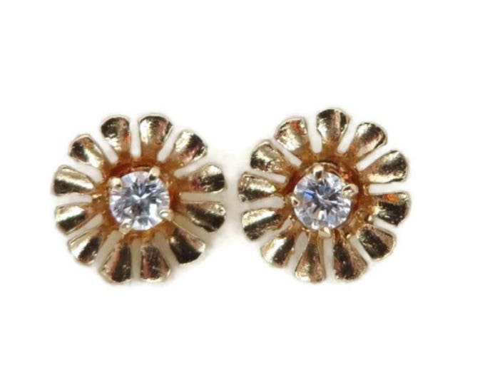 14K Gold .10 Ct Diamond Earrings - Vintage Flower Blossom Pierced Stud Earrings, Gift For Her, Gift Boxed