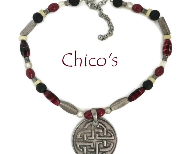 CHICO'S Pendant Necklace, Vintage Chunky Tribal Style, Boho Beaded Silver Tone Pendant Choker Necklace