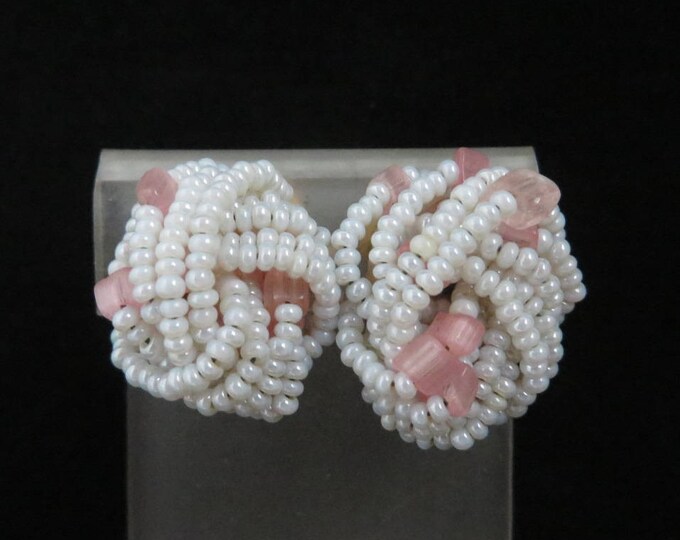 Italian White Bead Earrings - Vintage White & Pink Beaded Clip-on Earrings, Made in Italy, Gift for Her, Gift Boxed