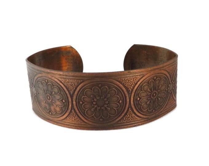Vintage Solid Copper Cuff, 1970s Flower Design Bracelet