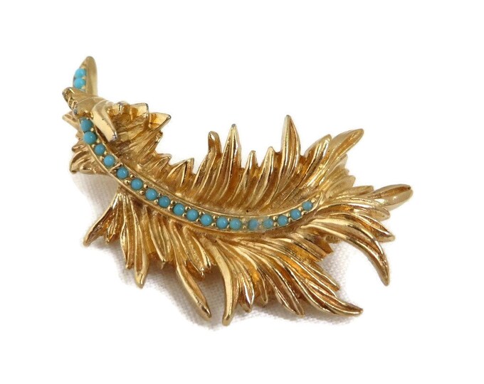 Ciner Gold Tone Leaf Brooch, Vintage Turquoise Beaded Curly Leaf Pin, Signed Designer Gift for Her