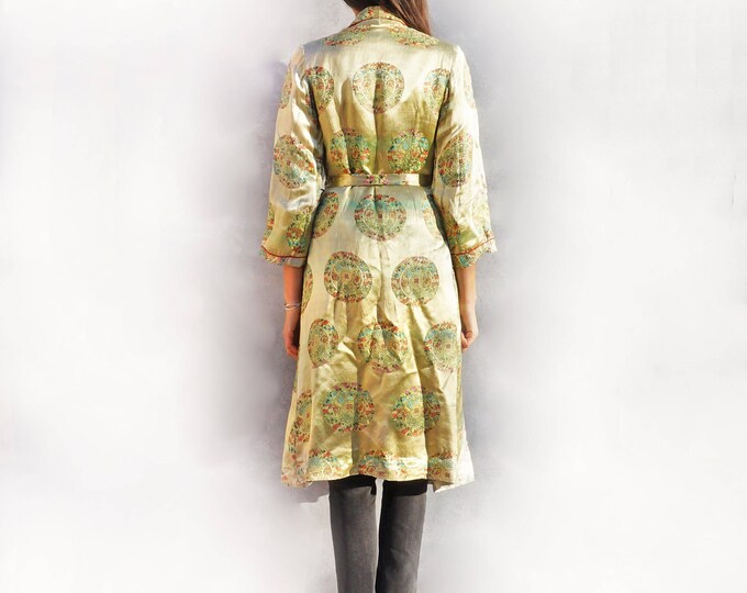 Silk Duster Coat, Vintage Silk Kimono, Paisley Robe, Silk Evening Coat, Green Kimono, Asian Kimono, Evening Wraps, Evening Cape, Boho Coat