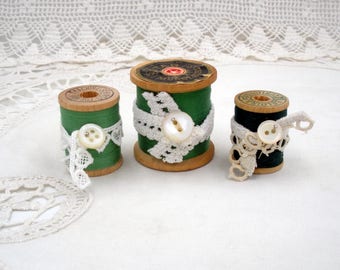 Vintage Wooden Spools of Thread-Set of Three in Shades of Green