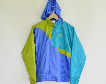 Nike Vintage Windbreaker Light Pack-able Weight Multi Color Block Hooded Ripstop Nylon Size 10-12 Women's 1990's Era