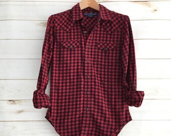 Vintage Ralph Lauren Red Black Checkered Long Sleeve Flannel Womens's XS