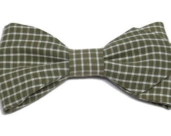 Cream khaki Plaid bowtie with sharp edges