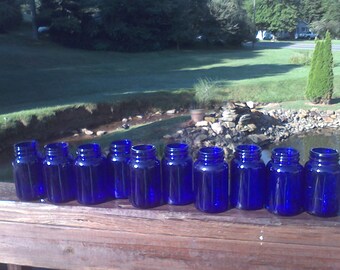Colbalt Blue bottles, 10 bottles, vintage glass, wedding vases, candle holder, old bottles