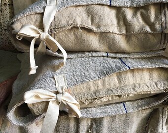 PAIR Vintage European grain sack pillow covers/ euro shams/ 1800's European textile/ patchy/ worn/ primitive tie closure 20x20