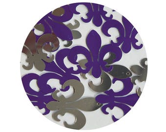 Sequin Fleur De Lis 1.25" Purple Silver Metallic Couture Paillettes. Made in USA.