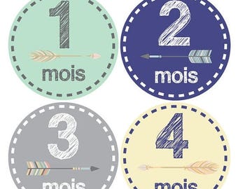Autocollants FRANÇAIS pour la croissance de bébé, Stickers Garçon fille, thème tribal, flèches, cadeau de shower, nouveau-né, vert gris F136