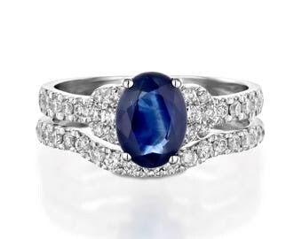 Blue Sapphire Diamond Engagement Ring -White Gold Ring-Sapphire bridal set -Anniversary present-Promised ring-Wedding set-Multistone ring