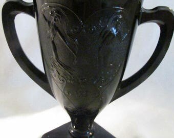 Black glass trophey urn shaped vase with dancing Nymphs L E Smith?, vintage