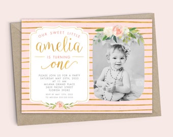 First birthday invitation template, girl, gold, watercolor flowers, invitation design, first birthday cards, card design 2817