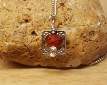 Small Red Sardonyx pendant. Reiki jewelry uk. August birthstone. Silver plated Wire wrapped pendant. 22x13mm square frame necklace