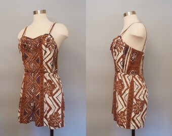 1950s Hawaiian Tiki Playsuit Bathing Suit / 1950s Swimsuit / 50s Swimsuit