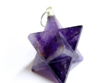 15% off Christmas in July Purple Amethyst Merkaba Star Pendant Silver Toned Bail (RK65B6-01)