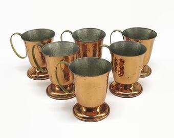 6 hammered copper mugs with brass handles and hammered silver metal interiors, Lang, Australia, circa 1970s