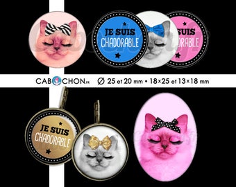Chadorable • 60 Images Digitales RONDES 25 et 20 mm OVALES 18x25 13x18 mm digital sheet chat cat cabochon cute bijoux noeud or doré mimi